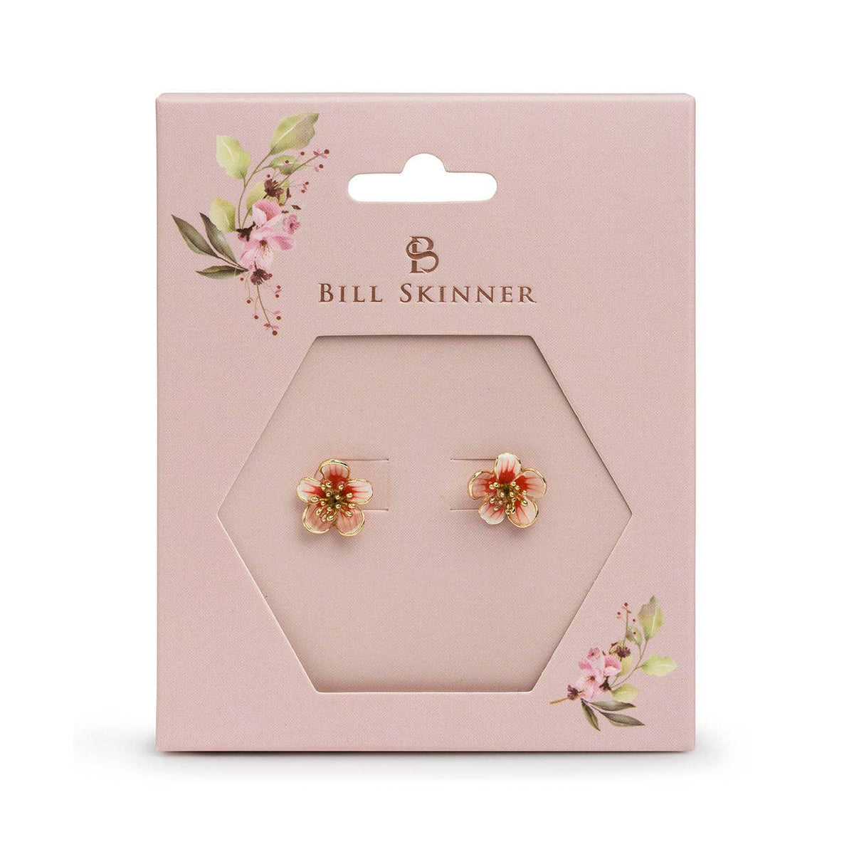 Apple blossom stud earrings on Bill Skinner branded pink floral packaging card