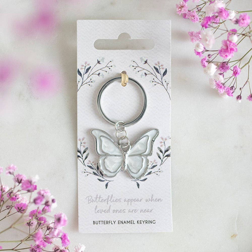 Butterflies Appear enamel keyring on backing card