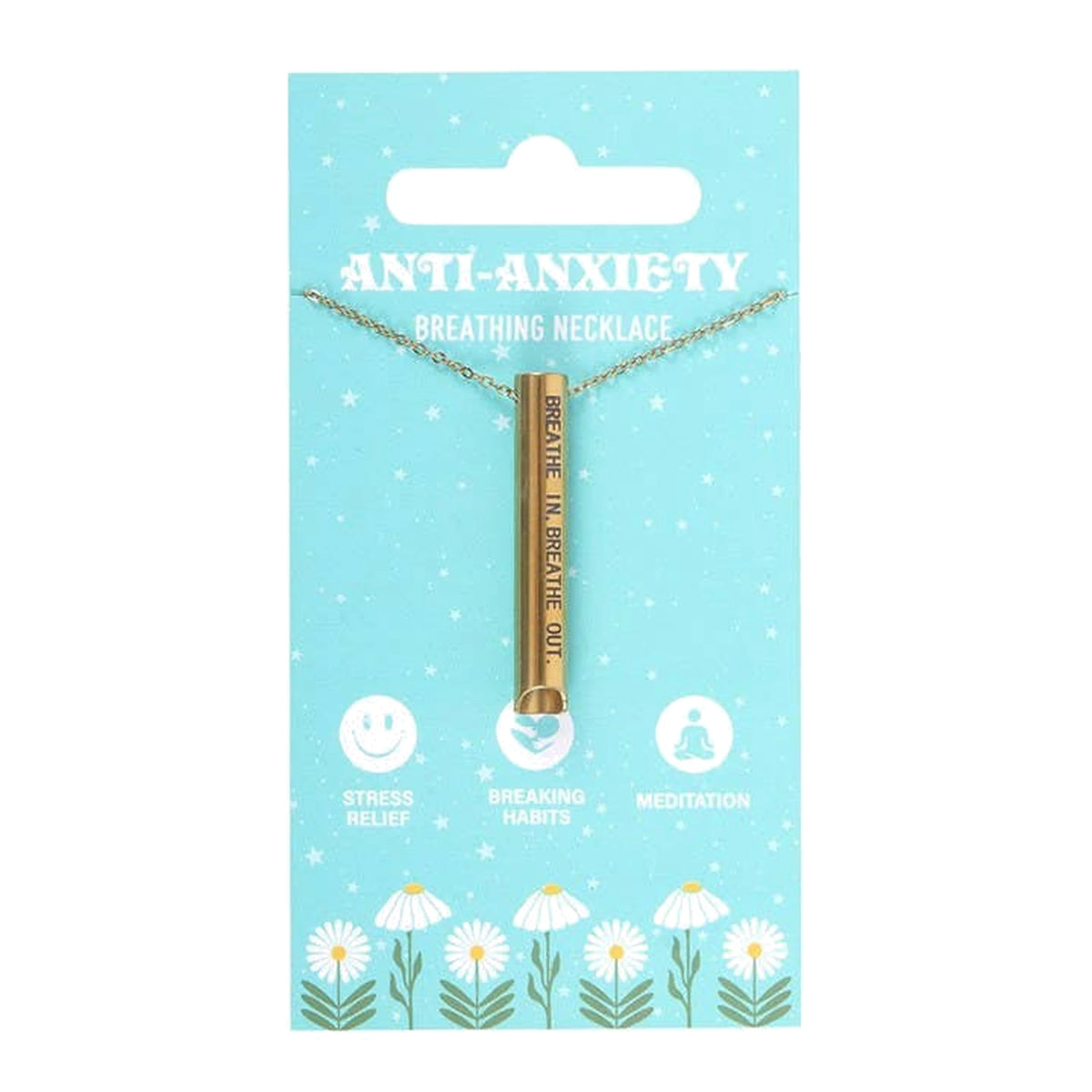 Anti-anxiety breathing necklace on mint daisy card with gold engraved pendant, pure white background.