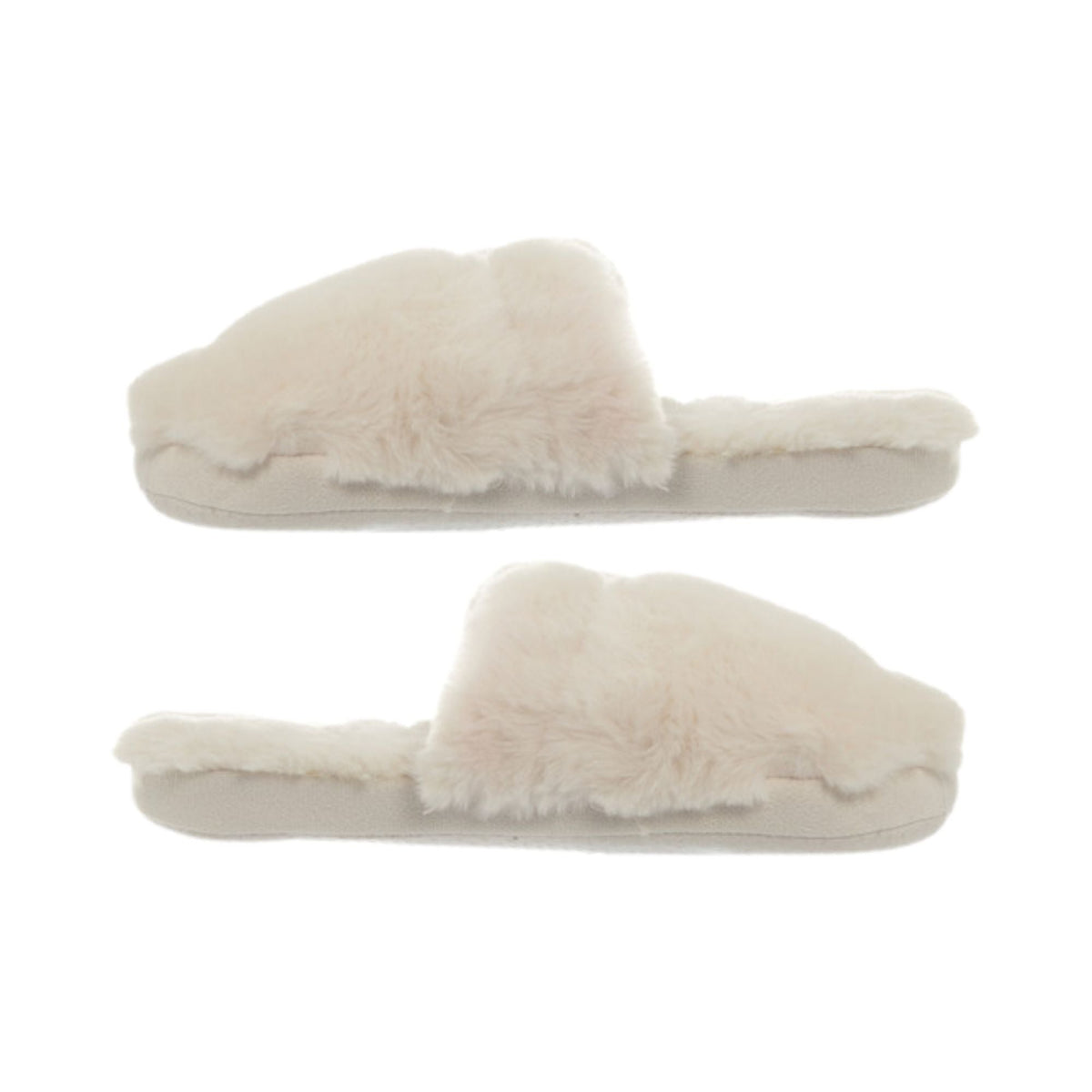 Cream faux fur mule slippers shown from the side on a white background