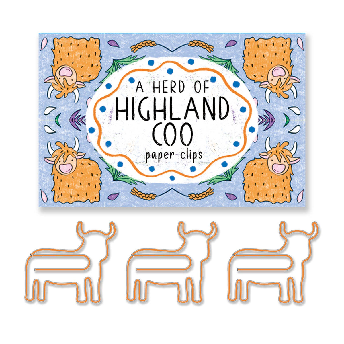 Highland cow paper clips in orange with illustrated box by Neon Magpie
