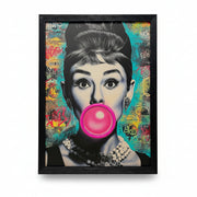 LED neon Audrey wall art in black frame, unlit, front view on white background