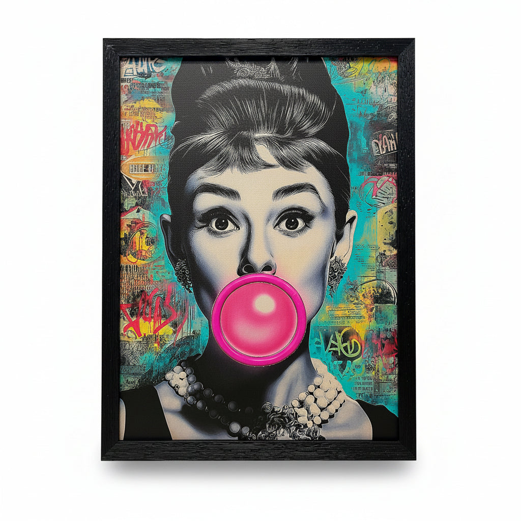 LED neon Audrey wall art in black frame, unlit, front view on white background