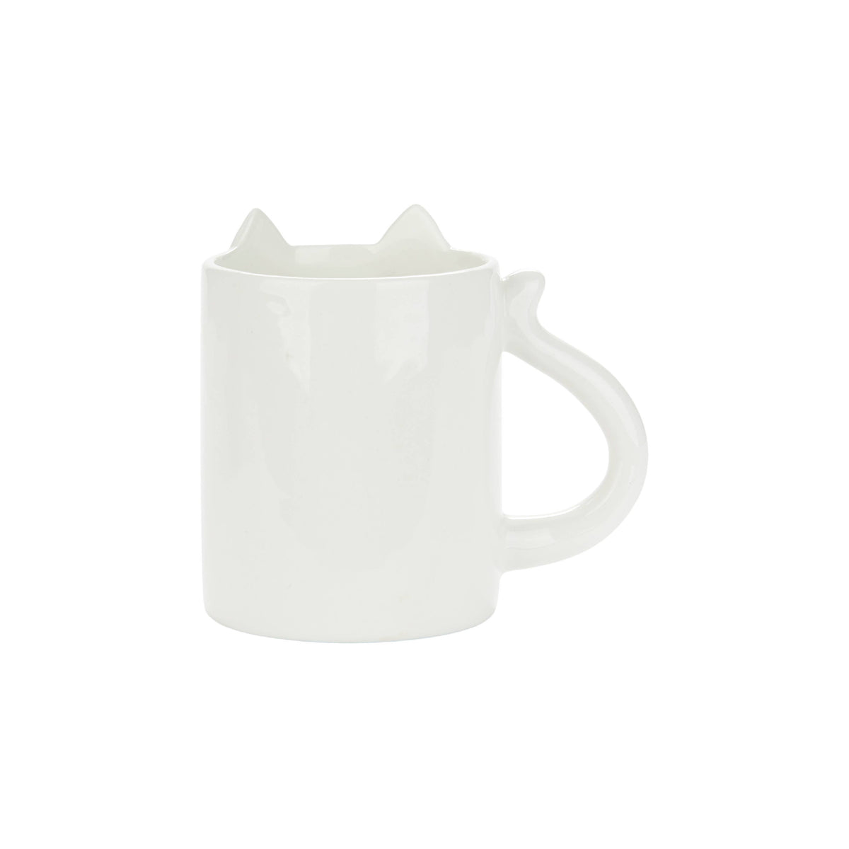 Back of the Cool Cat mug showing cat ears and tail handle, white background