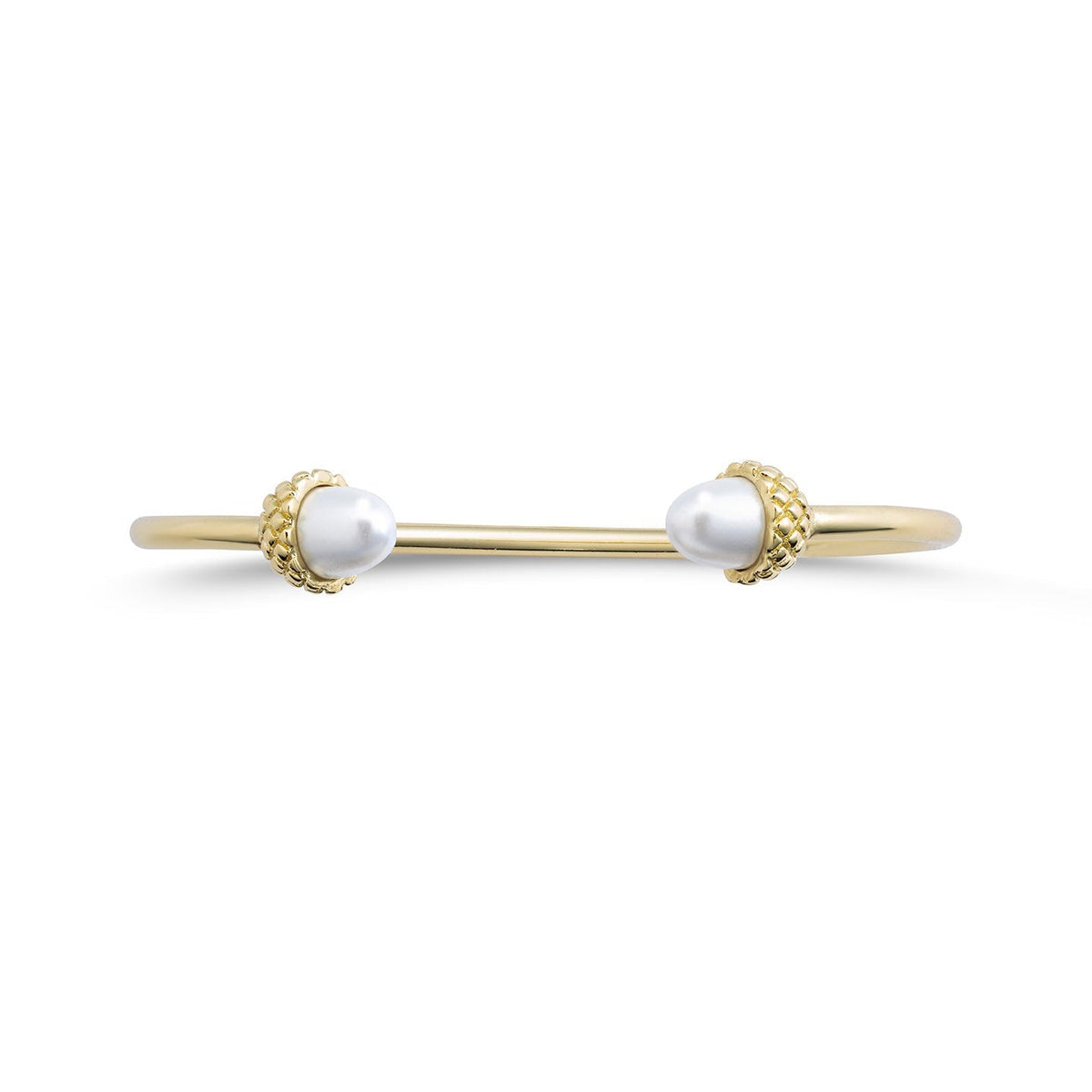 Side view of the Acorn and Oak Bangle showing both acorn finials, on white