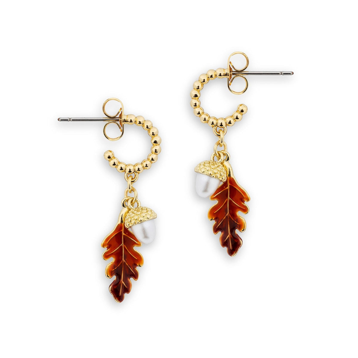 Bill Skinner Acorn and Oak Drop Earrings with enamel oak leaves and acorns, on white
