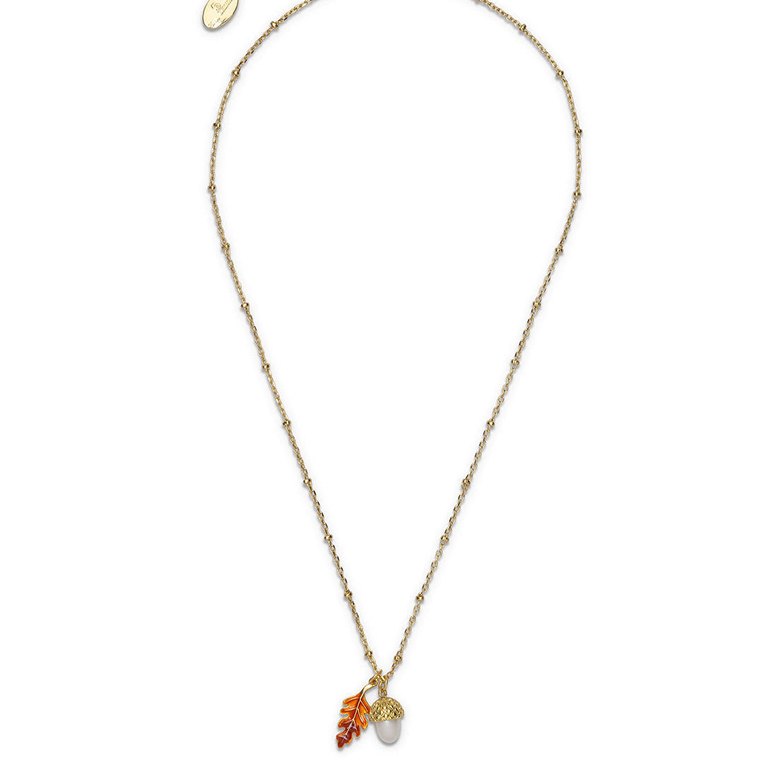 Acorn and Oak Pendant shown on its full gold chain with extender, on white