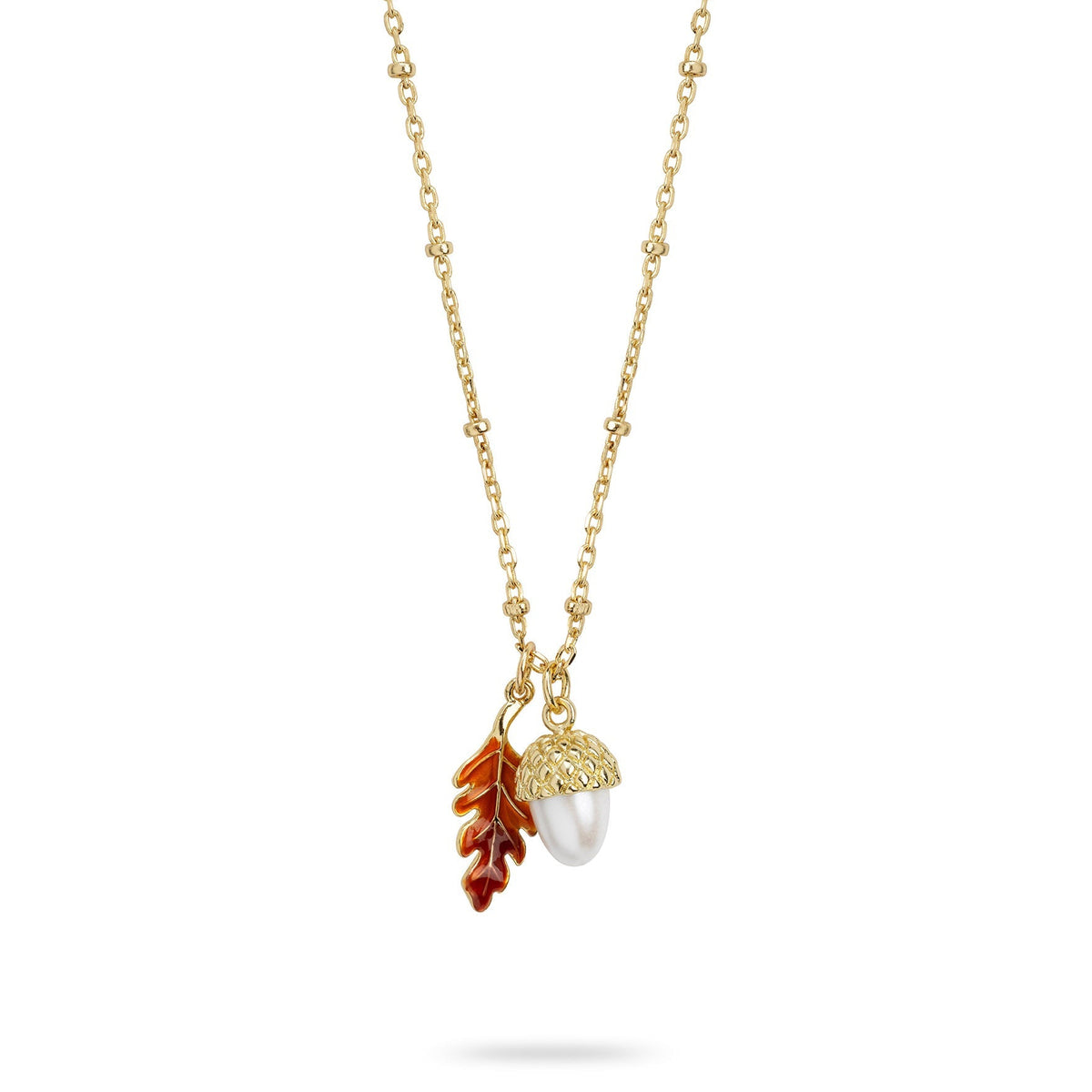 Bill Skinner Acorn and Oak Pendant with enamel oak leaf and pearl acorn, on white