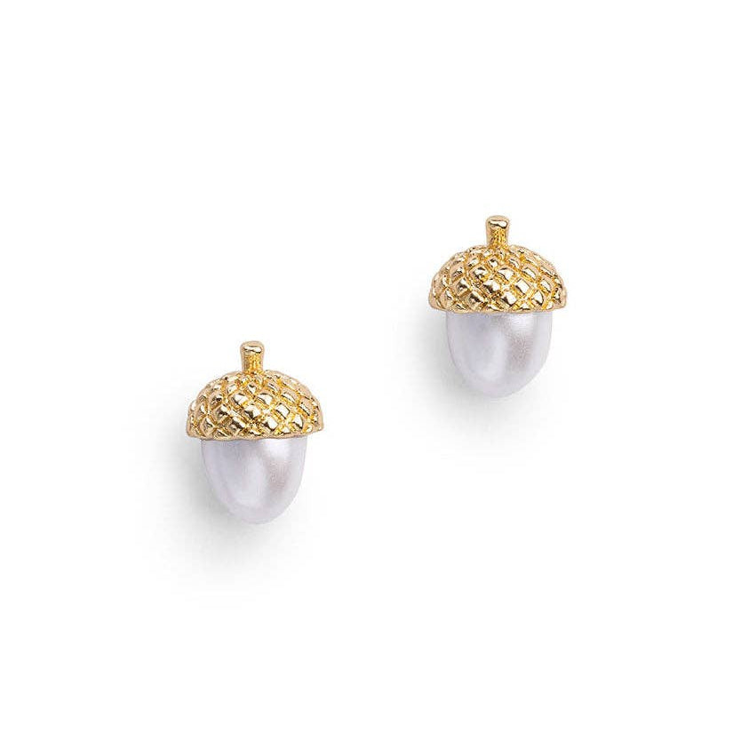 Bill Skinner Acorn and Pearl Stud Earrings, gold acorn caps with white pearls, on white