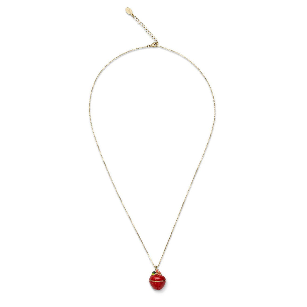 Full gold chain necklace with closed red enamel apple blossom locket pendant on white background