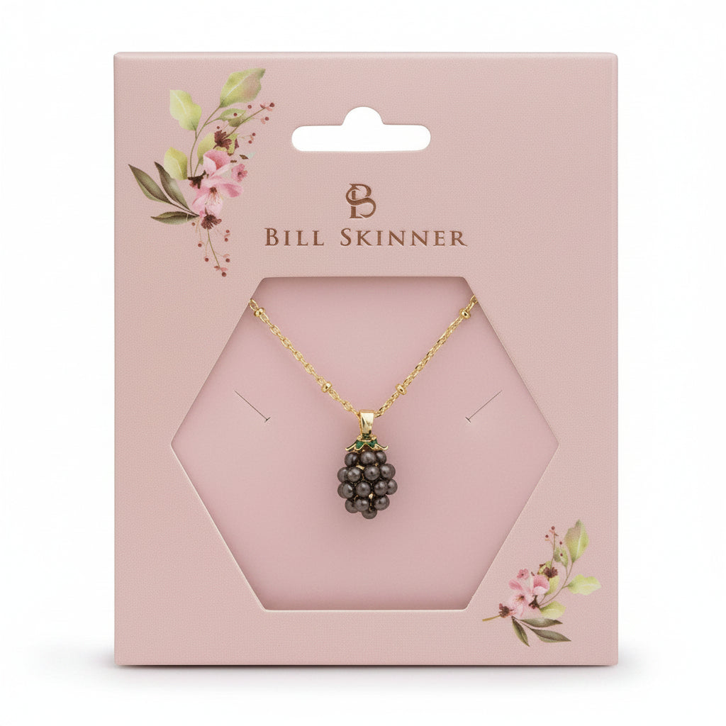 Blackberry Pendant necklace on a pink Bill Skinner gift card