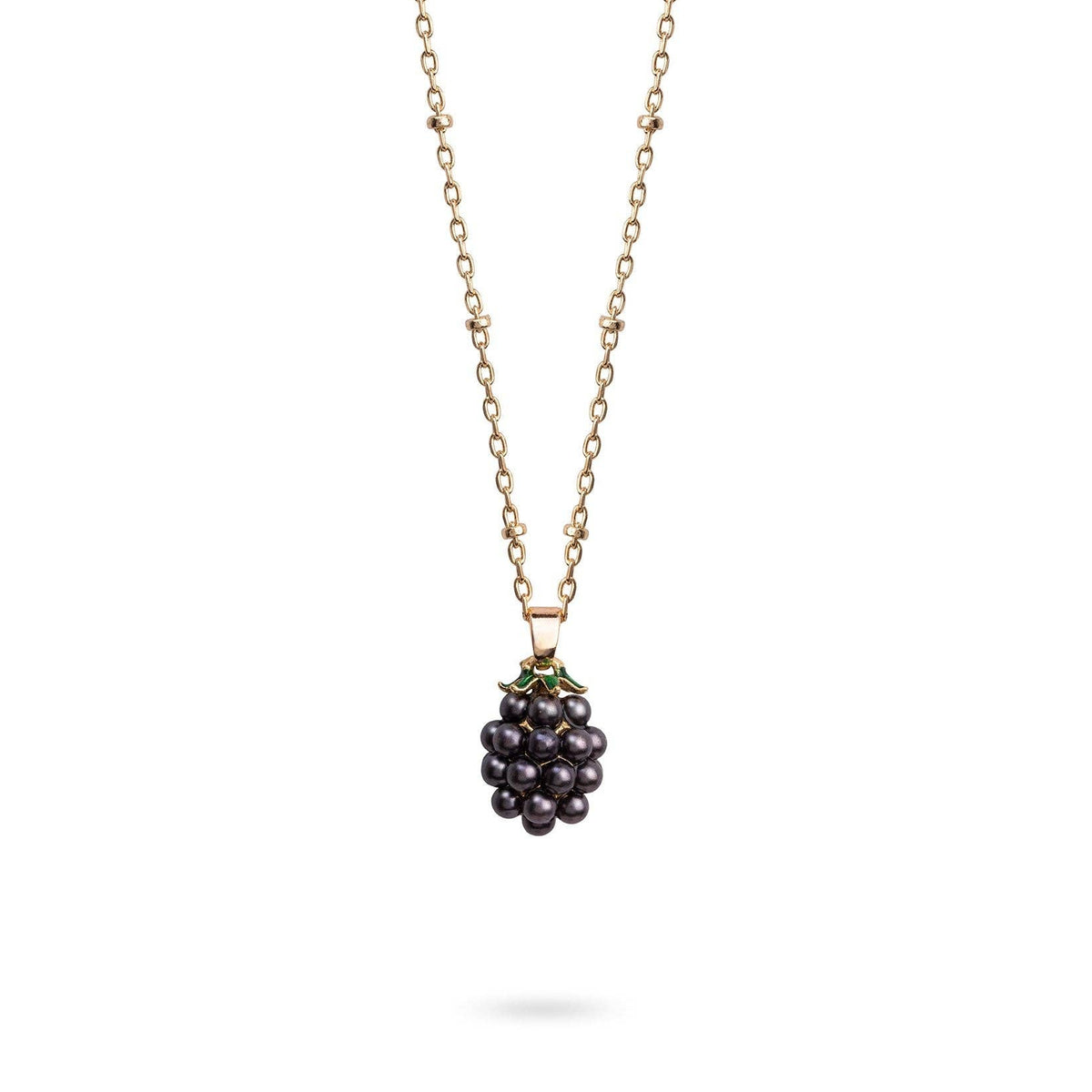 Bill Skinner Blackberry Pendant, dark berry with gold cap on a fine gold chain, on white