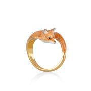 Bill Skinner Fox Ring, enamel fox curled around a gold band, on white