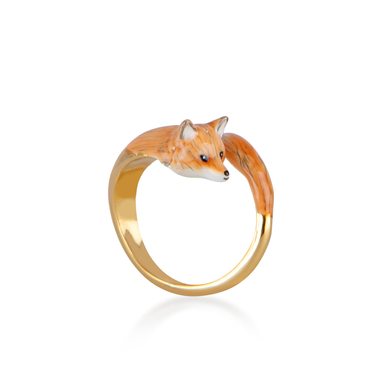 Bill Skinner Fox Ring, enamel fox curled around a gold band, on white