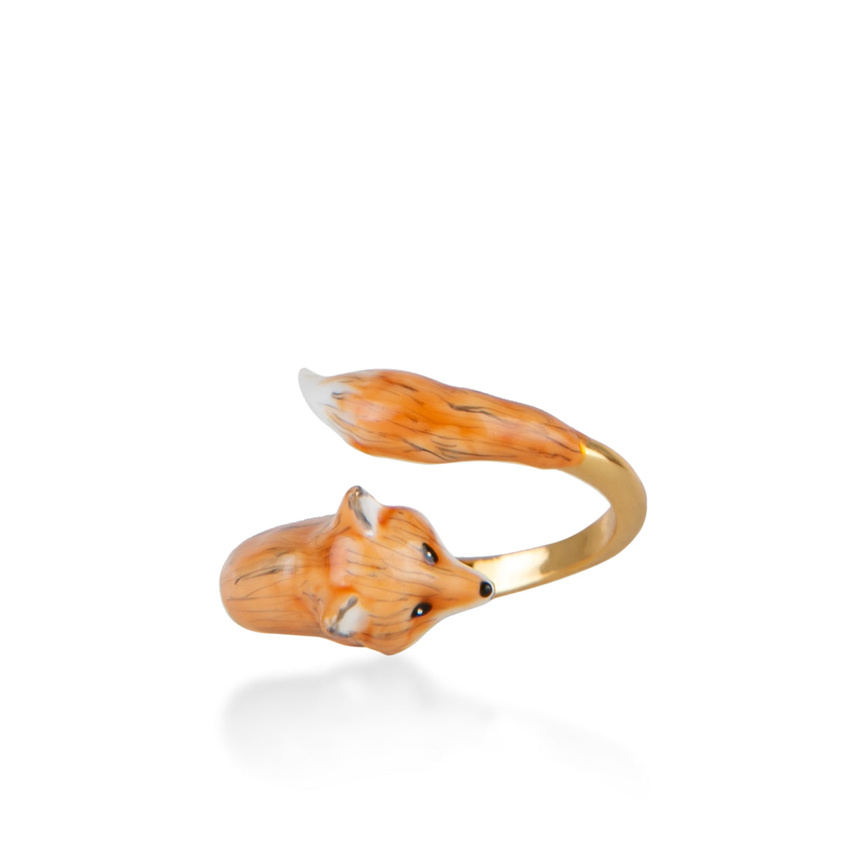 Side view of the adjustable Fox Ring showing the fox head and tail, on white