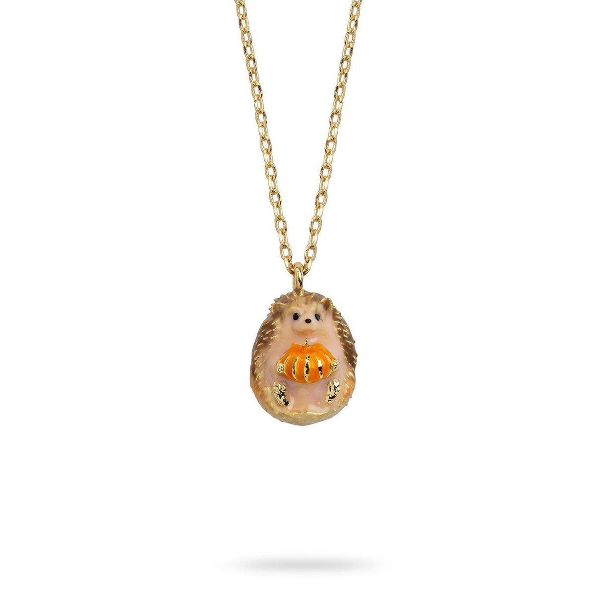 Bill Skinner Hedgehog and Pumpkin Mini Pendant on a gold chain, on white