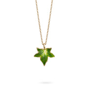Bill Skinner Ivy Pendant, green leaf on a fine gold chain, on white