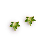 Bill Skinner Ivy Stud Earrings, green leaves with gold edges, on white