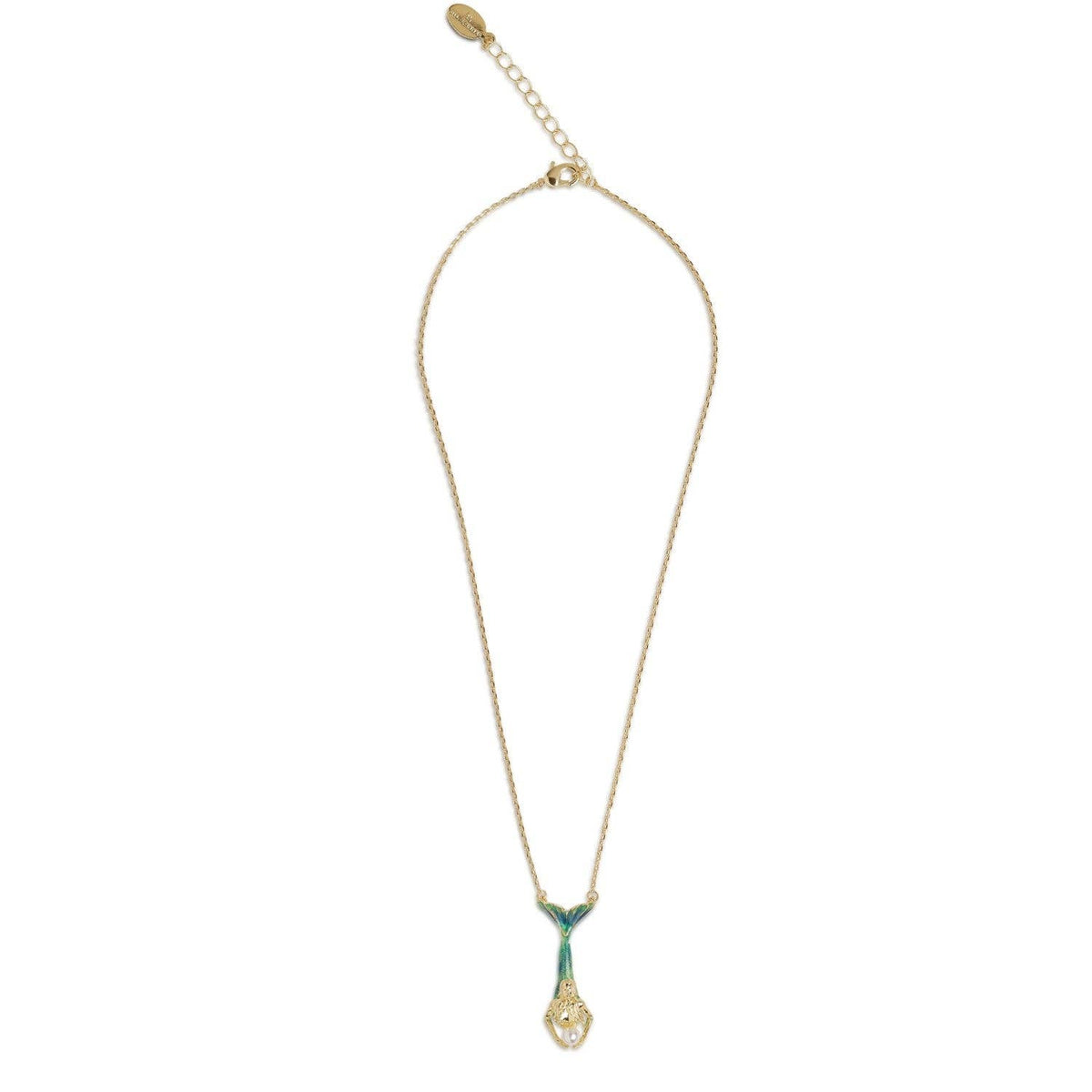 Gold and green enamel Mermaid Pendant with pearl on fine gold chain.