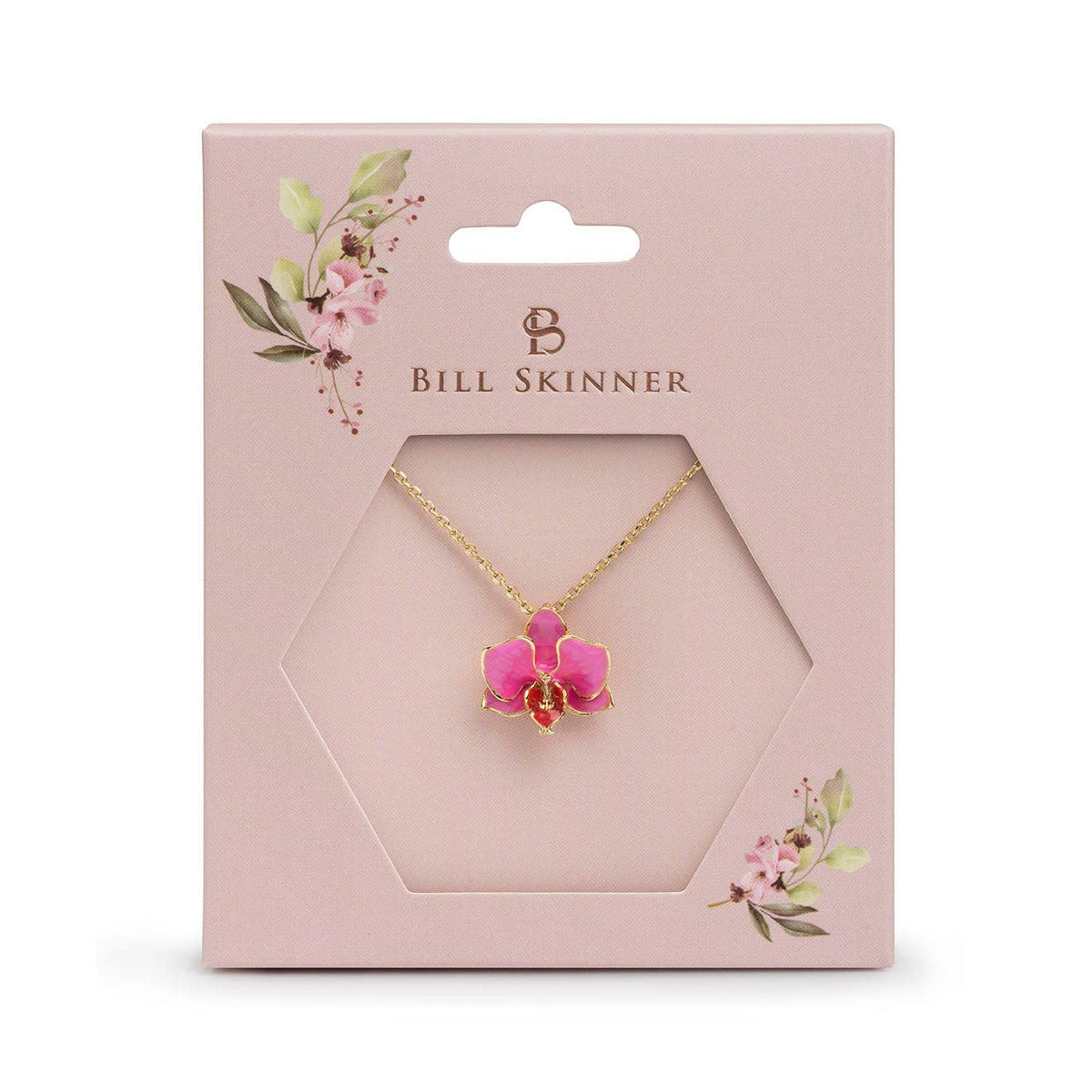 Necklace with pink flower pendant in Bill Skinner packaging