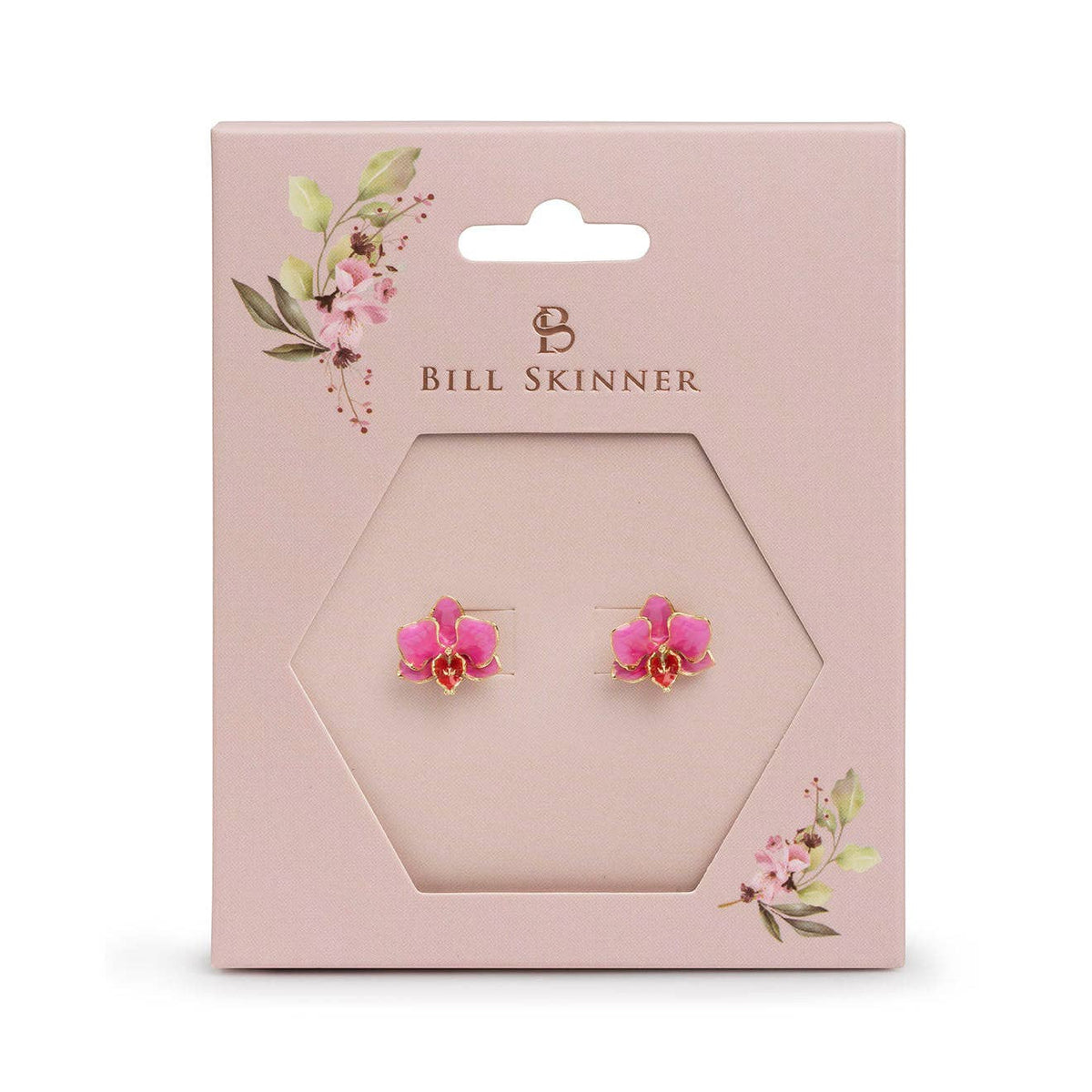 Pink orchid stud earrings displayed on Bill Skinner branded pink gift box packaging