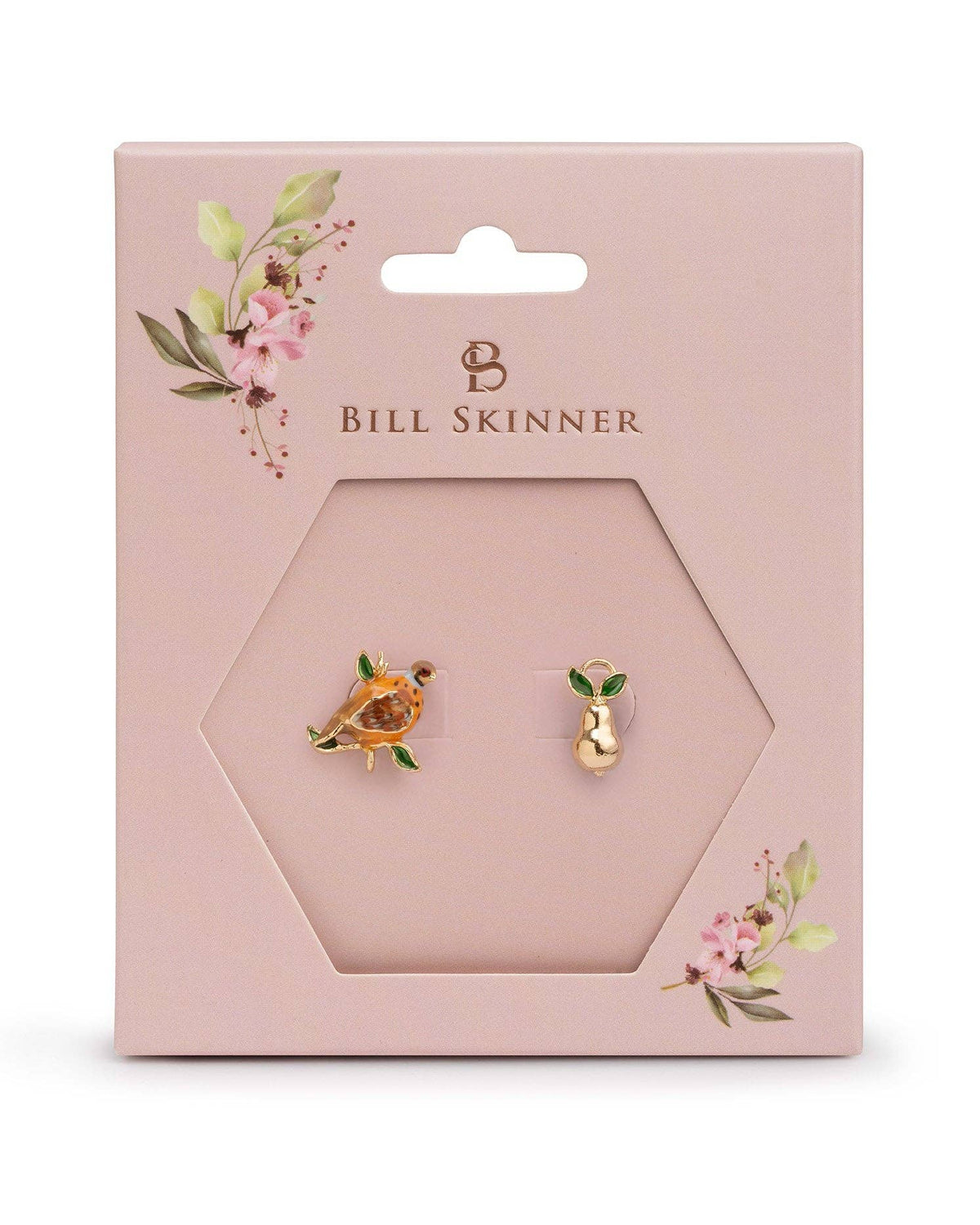 Partridge and Pear Mismatch Studs on a pink Bill Skinner gift card