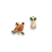 Bill Skinner Partridge and Pear Mismatch Stud Earrings, enamel partridge and gold pear, on white