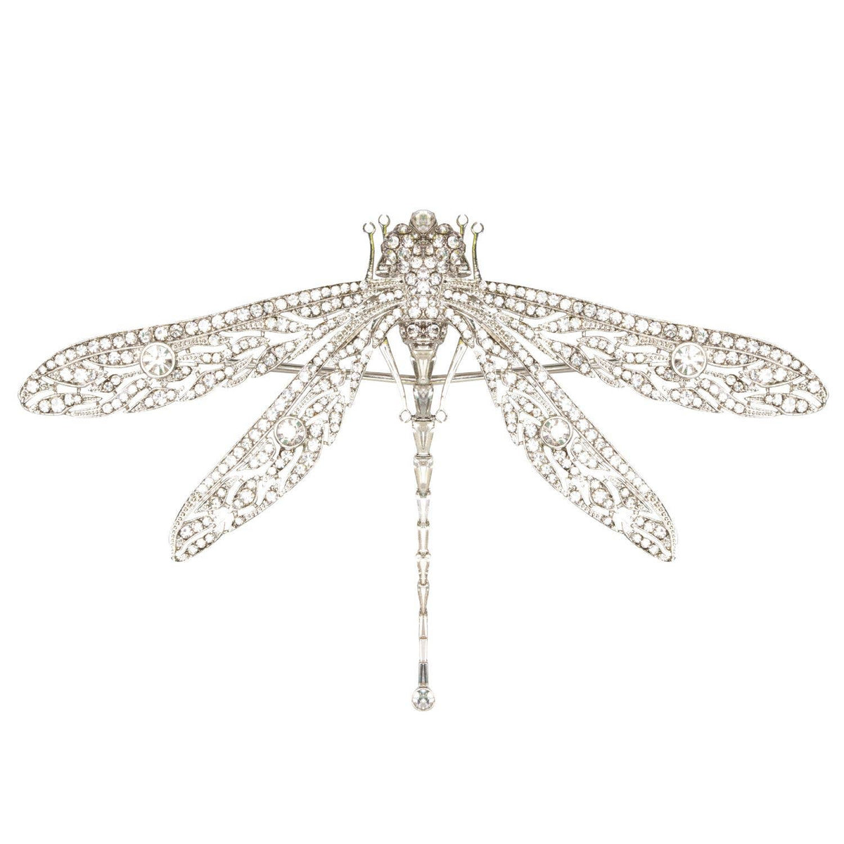 Bill Skinner Pave Dragonfly Brooch with gold-plated finish and sparkling pave crystals on white background.