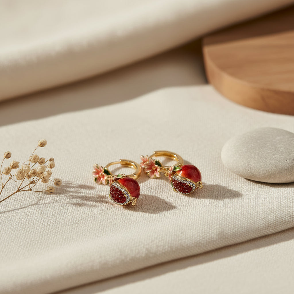 Bill Skinner Pomegranate Huggie Earrings, pink blossoms and jewelled pomegranates on gold hoops, on white
