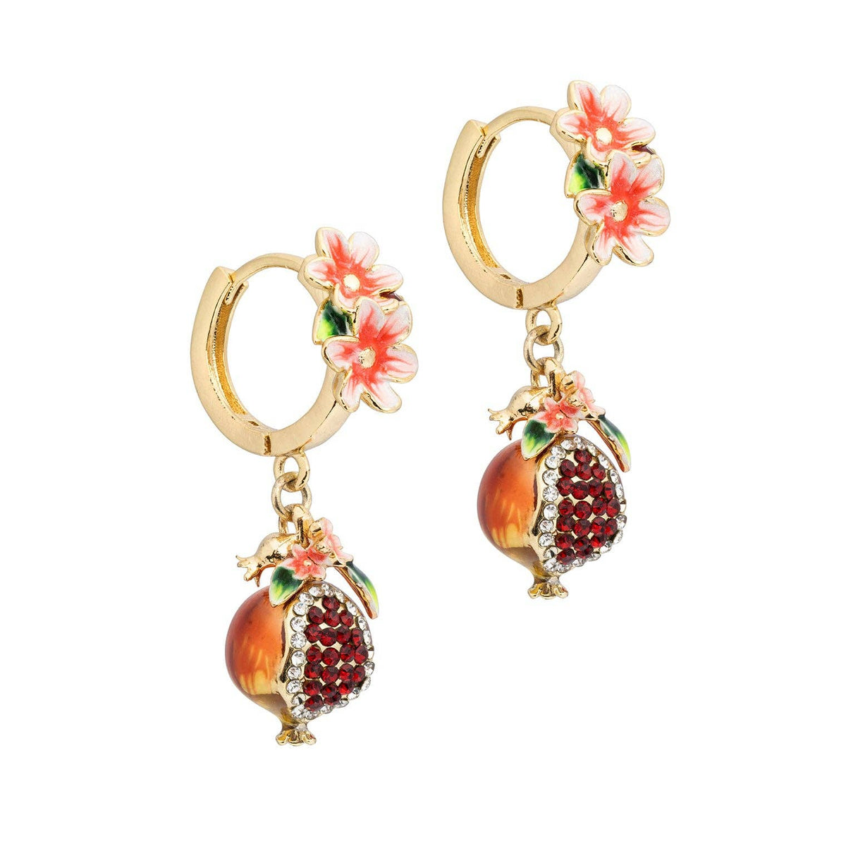 Bill Skinner Pomegranate Huggie Earrings, pink blossoms and jewelled pomegranates on gold hoops, on white