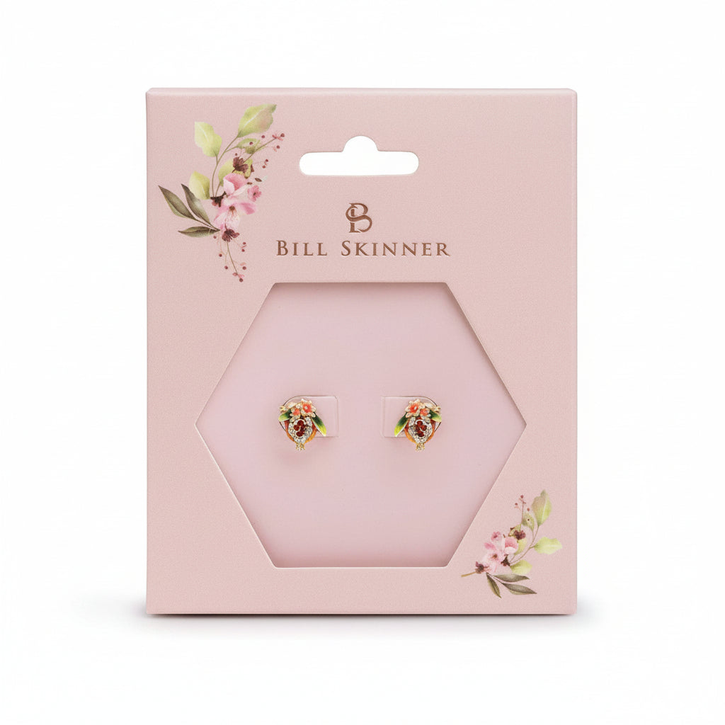 Pomegranate Stud Earrings on a pink Bill Skinner gift card