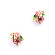 Bill Skinner Pomegranate Stud Earrings, jewelled red pomegranates with pink blossom, on white