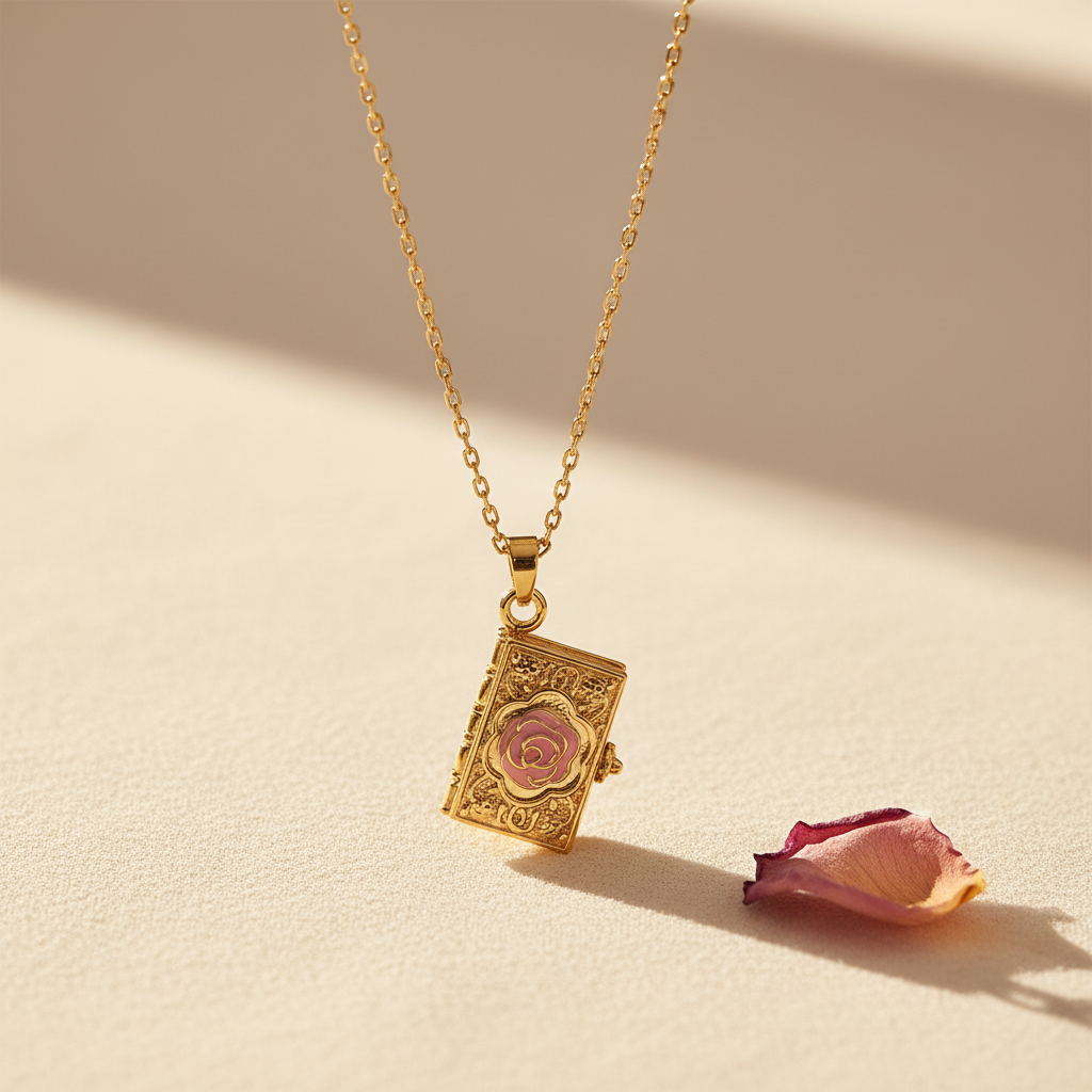 Bill Skinner Rose Book Locket, gold book pendant with a pink enamel rose, on white