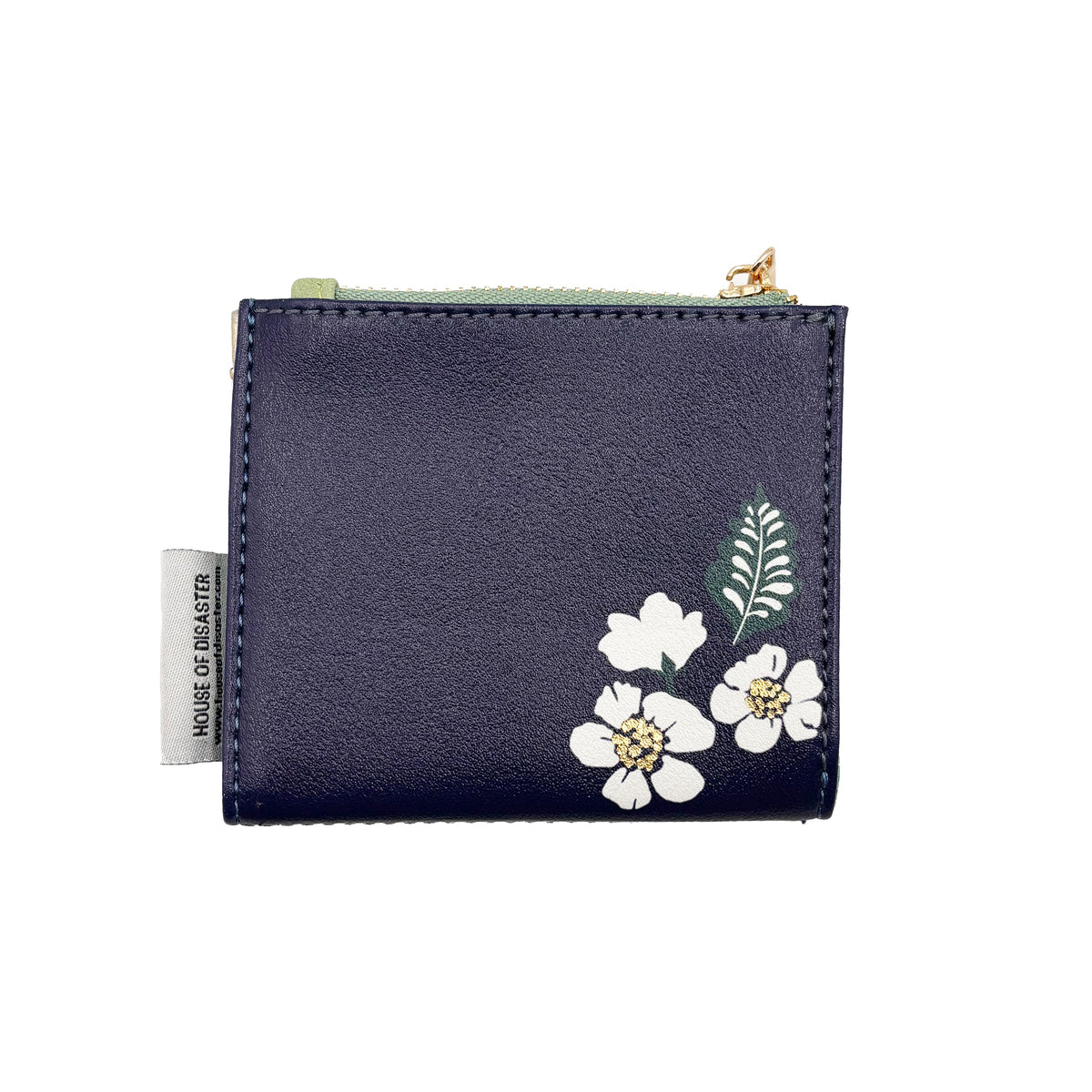 Back of bird purse with floral design on faux leather