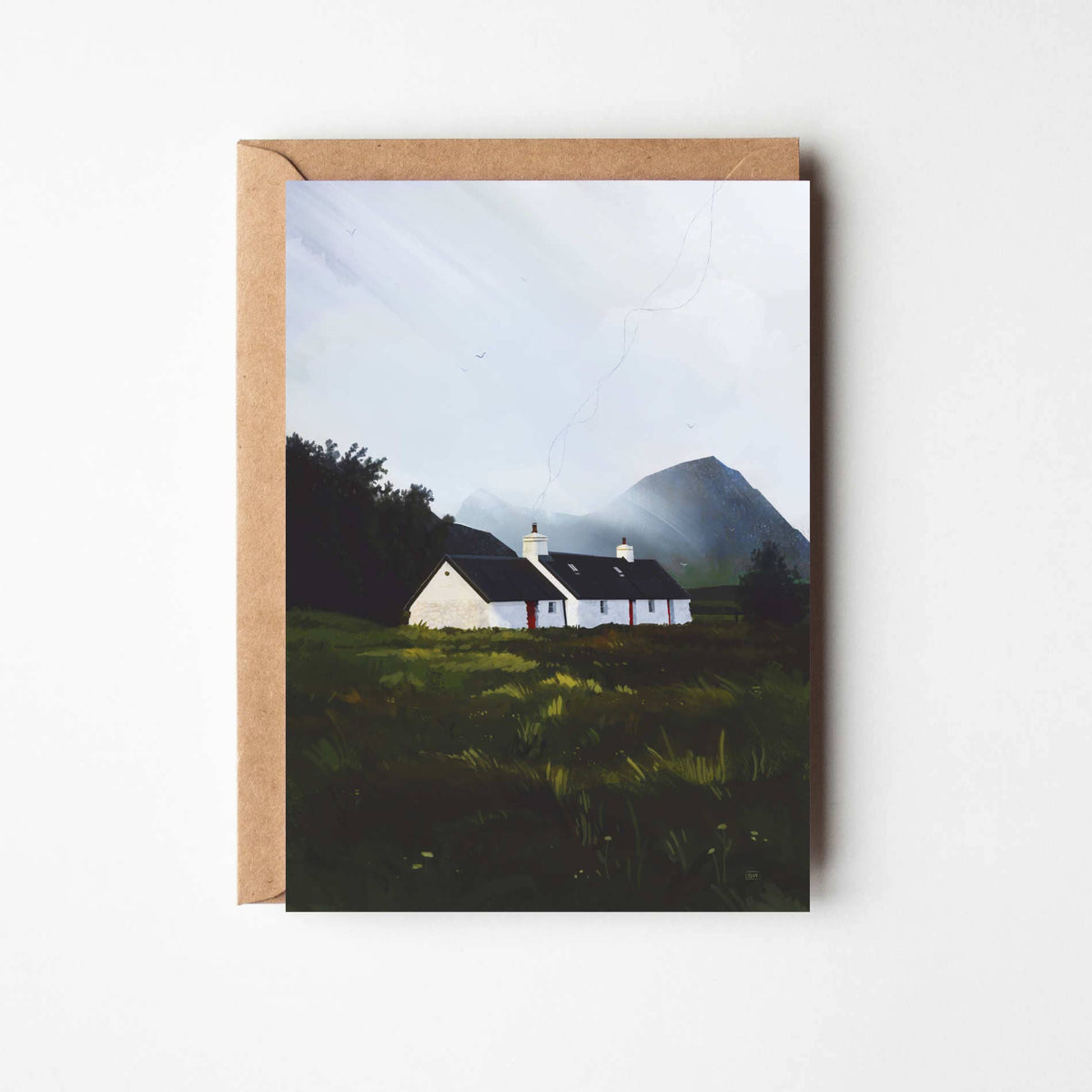 Blackrock Cottage greeting card featuring Sara Willia's Glencoe landscape artwork with kraft envelope