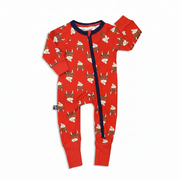 Red highland cow zip-up romper flat lay on blue and beige background