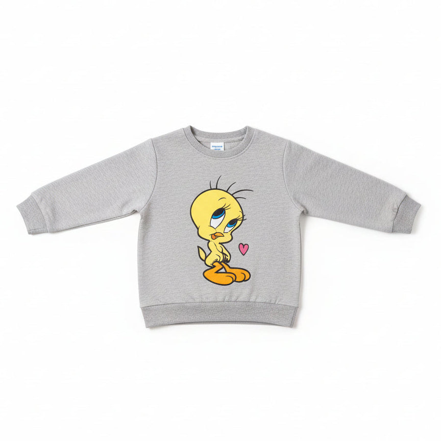 Tweety Bird grey cotton top worn by toddler - front view on white background