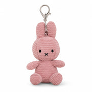 Pink corduroy Miffy bunny keyring with silver clip on white background