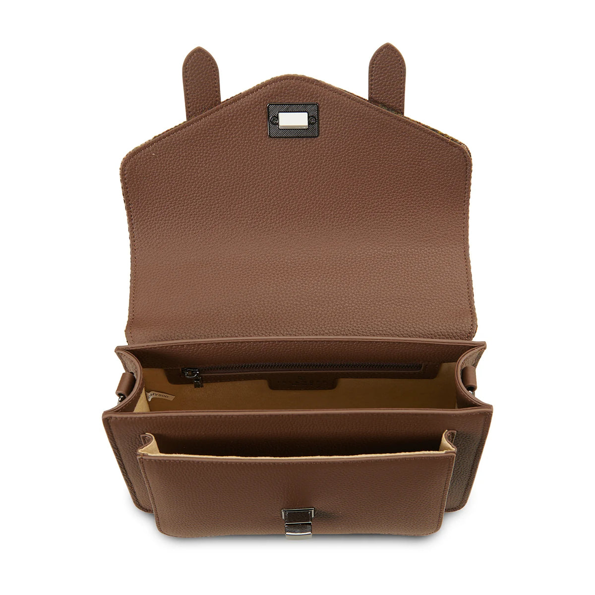 Open interior of chestnut medium leather satchel showing compartments and zip pocket.