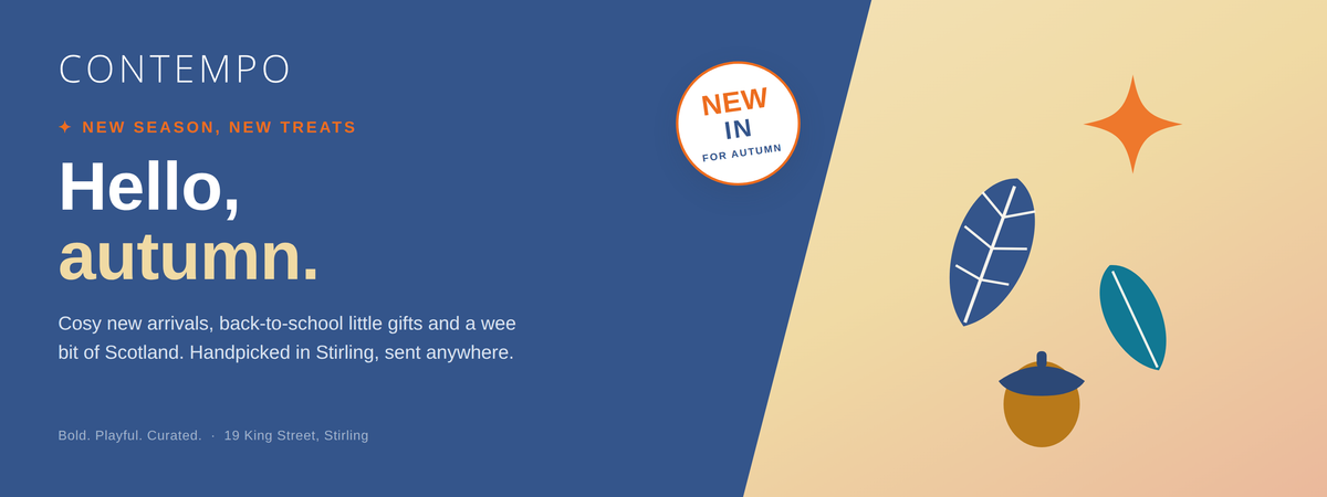 A promotional banner for Contempo featuring the text 'Hello, autumn.' on a dark blue background, with a cream-colored diagonal section on the right containing simple autumn illustrations including leaves and an acorn.