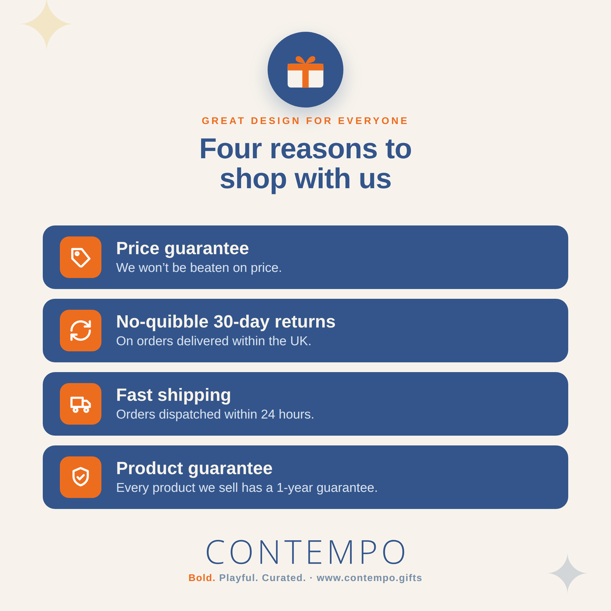 Four reasons to shop with Contempo: price guarantee, 30-day returns, fast shipping, 1-year guarantee