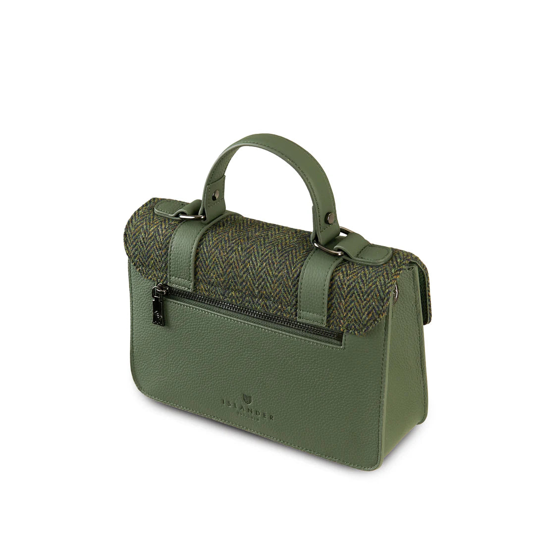 Angled view of dark green herringbone Harris Tweed medium leather satchel.