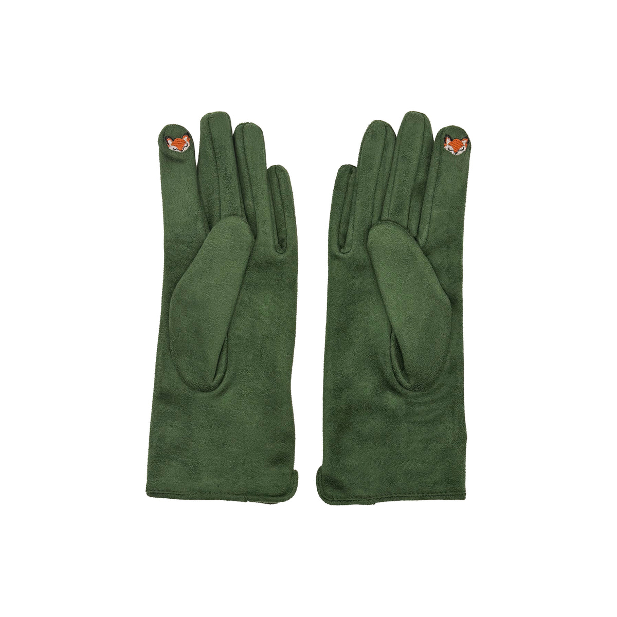 Single embroidered fox glove worn on hand against white background