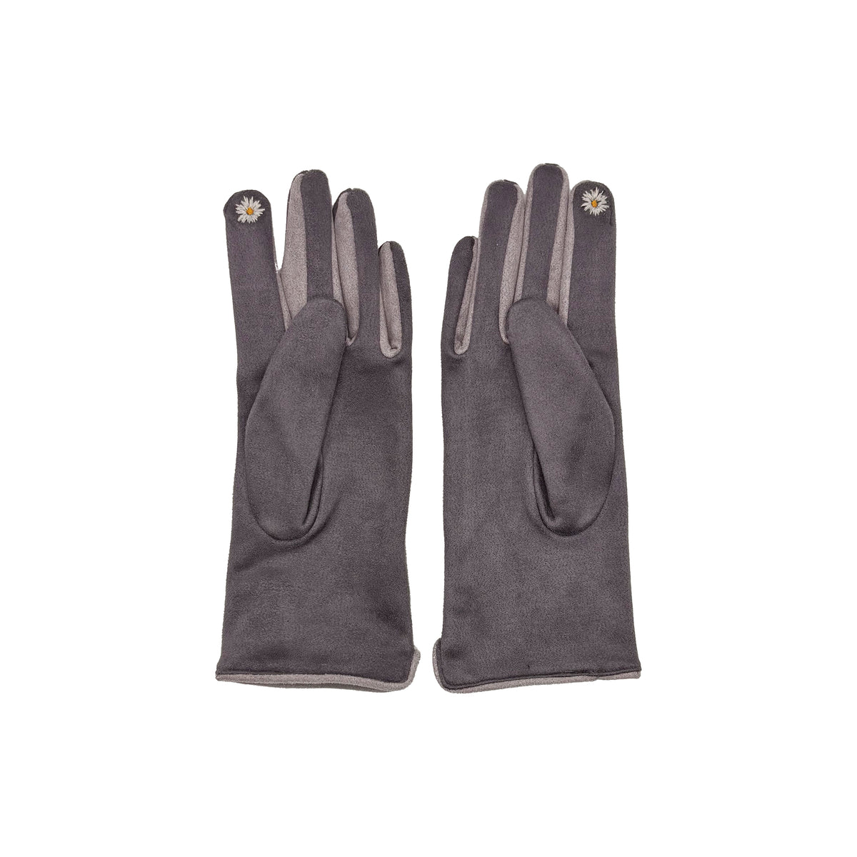 Single grey rabbit glove worn on hand showing embroidered design