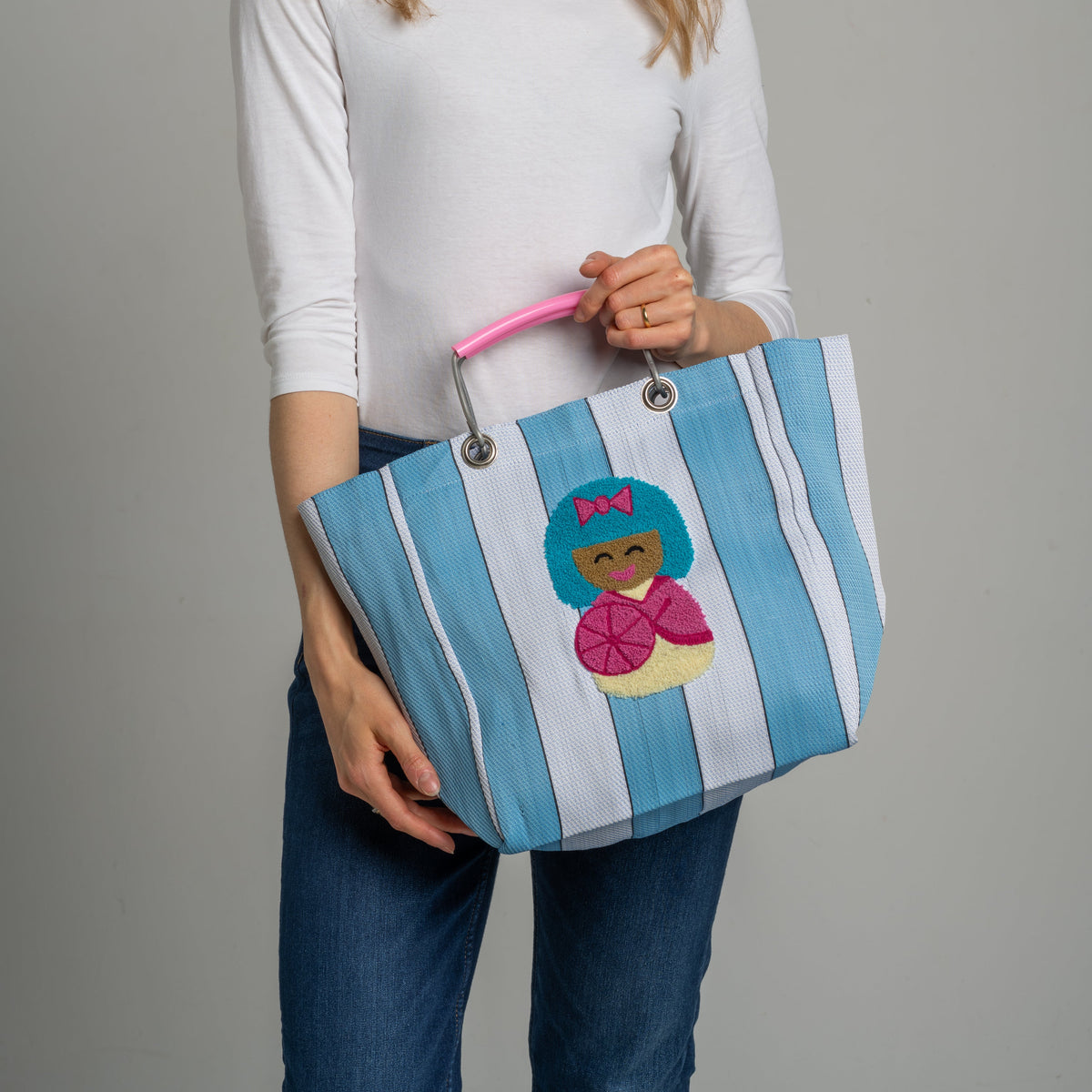 Doll Stripe Market Tote Bag with hand-embroidered doll and colourful striped fabric