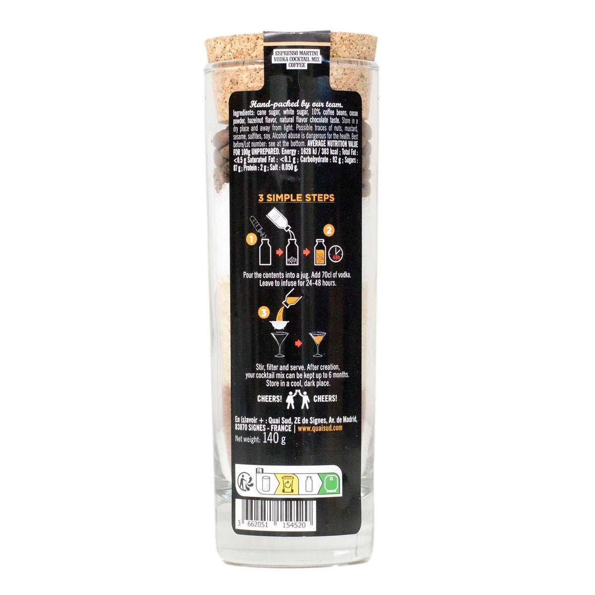 Back of Espresso Martini Mix jar showing ingredients and instructions.