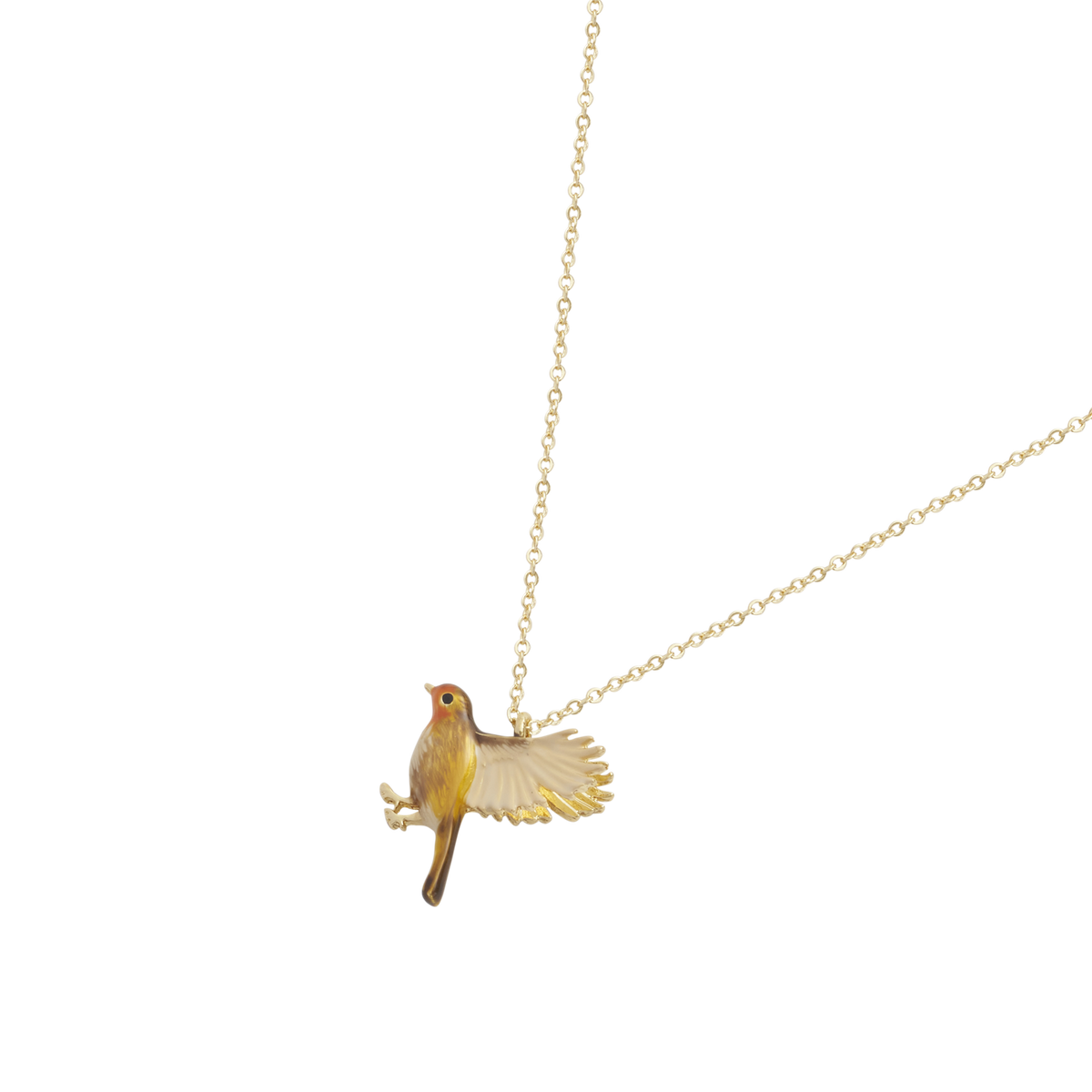 Enamel Flying Robin Necklace shown at an angle on white
