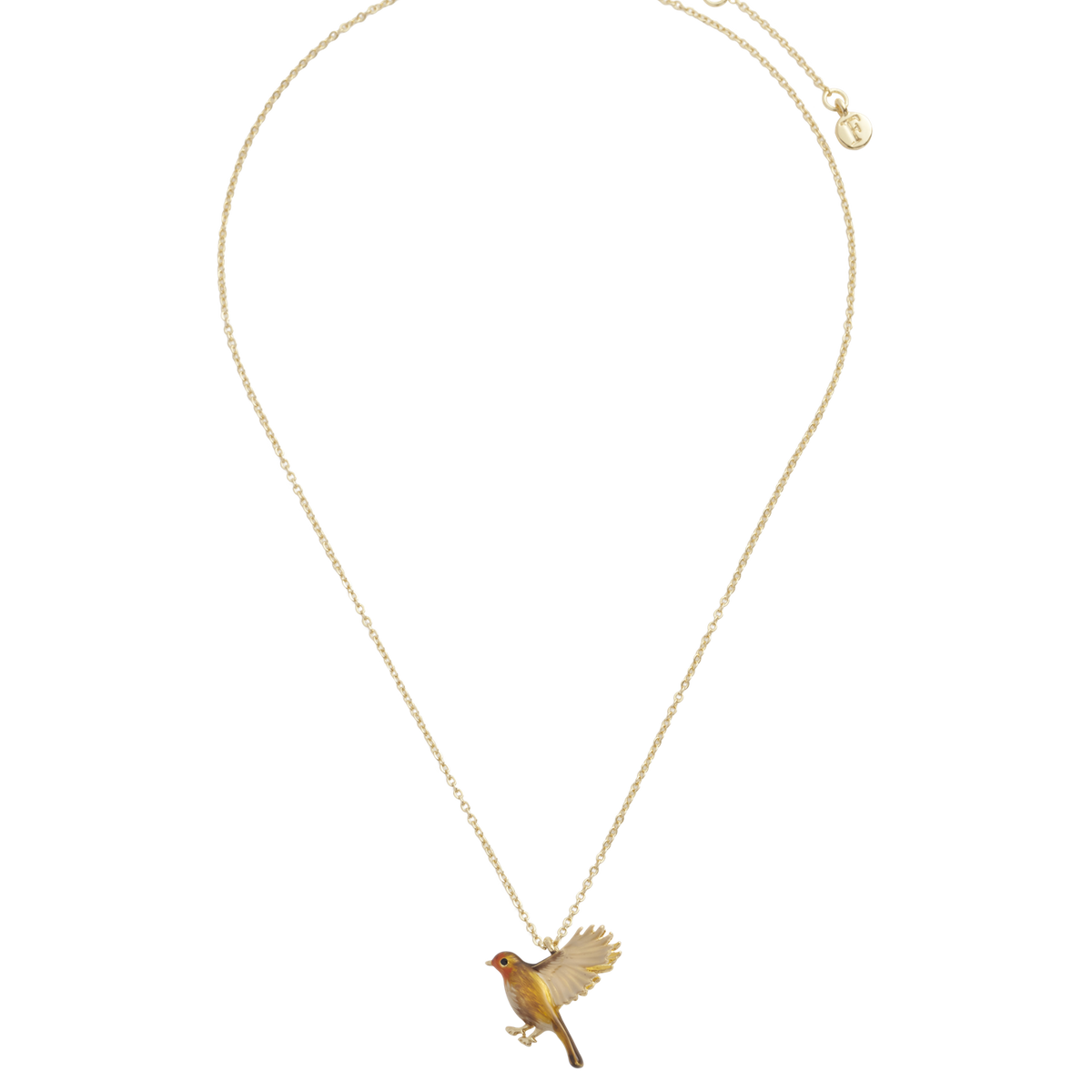 Full length view of the Enamel Flying Robin Necklace on white