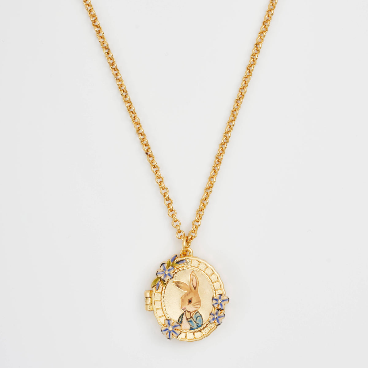 Peter Rabbit cameo locket necklace full view with gold chain on white background