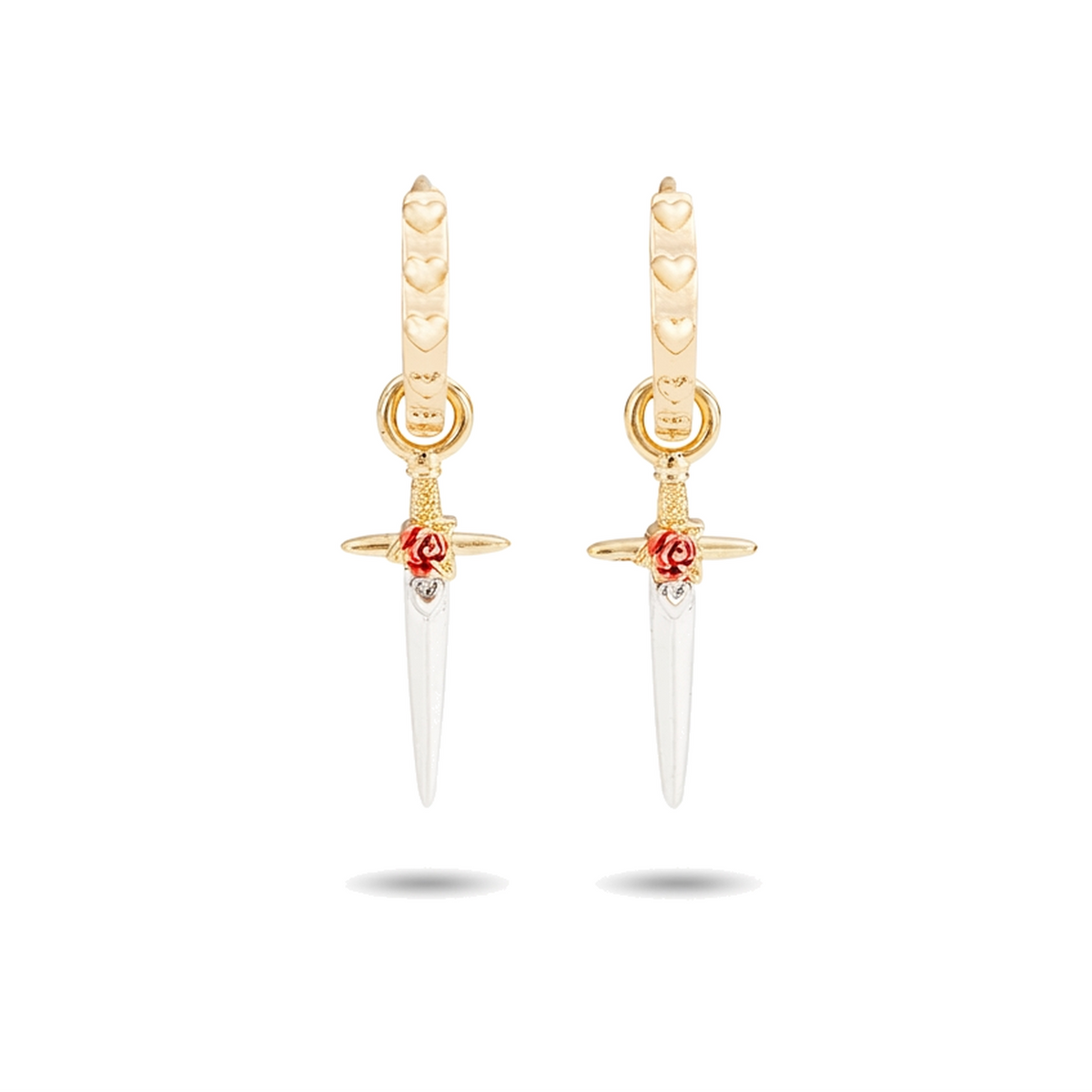 Rose Dagger Huggie Earrings on a pure white background